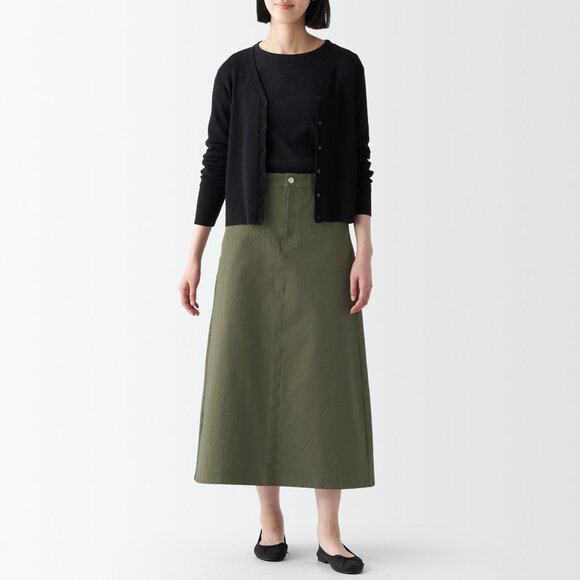 MUJI 4-Way Stretch Chino A-Line Skirt Olive Green Size S | Midi Casual Workwear - Picture 1 of 11